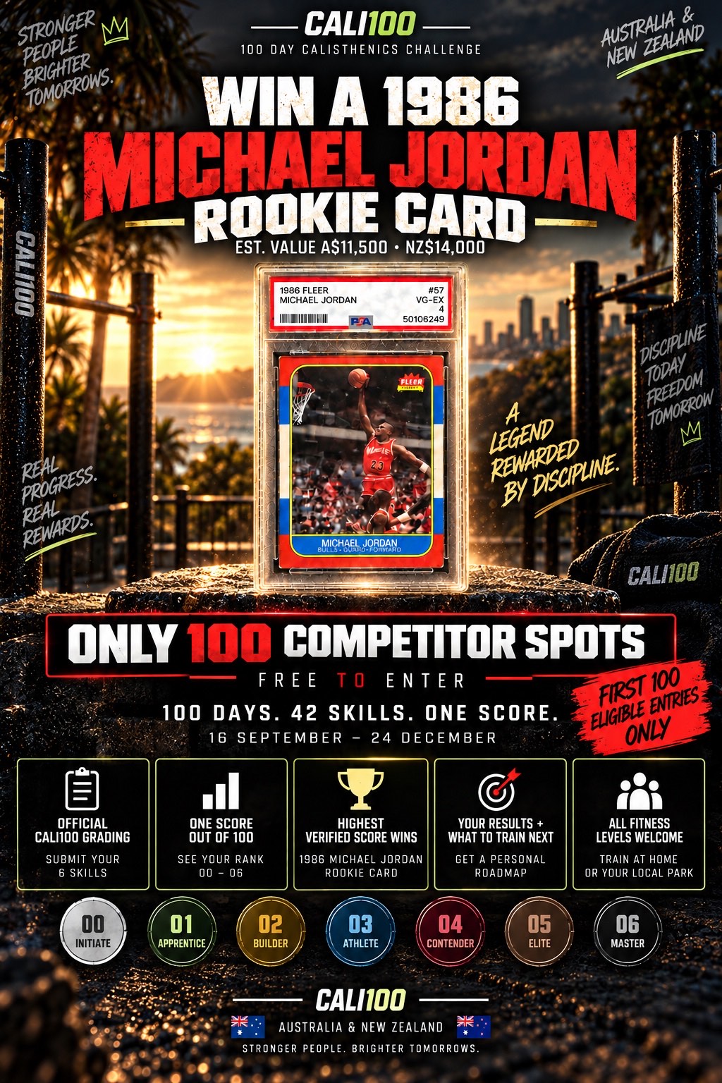 CALI100 100 Day Skill Challenge poster featuring the 1986 Michael Jordan rookie card and seven CALI100 ranks