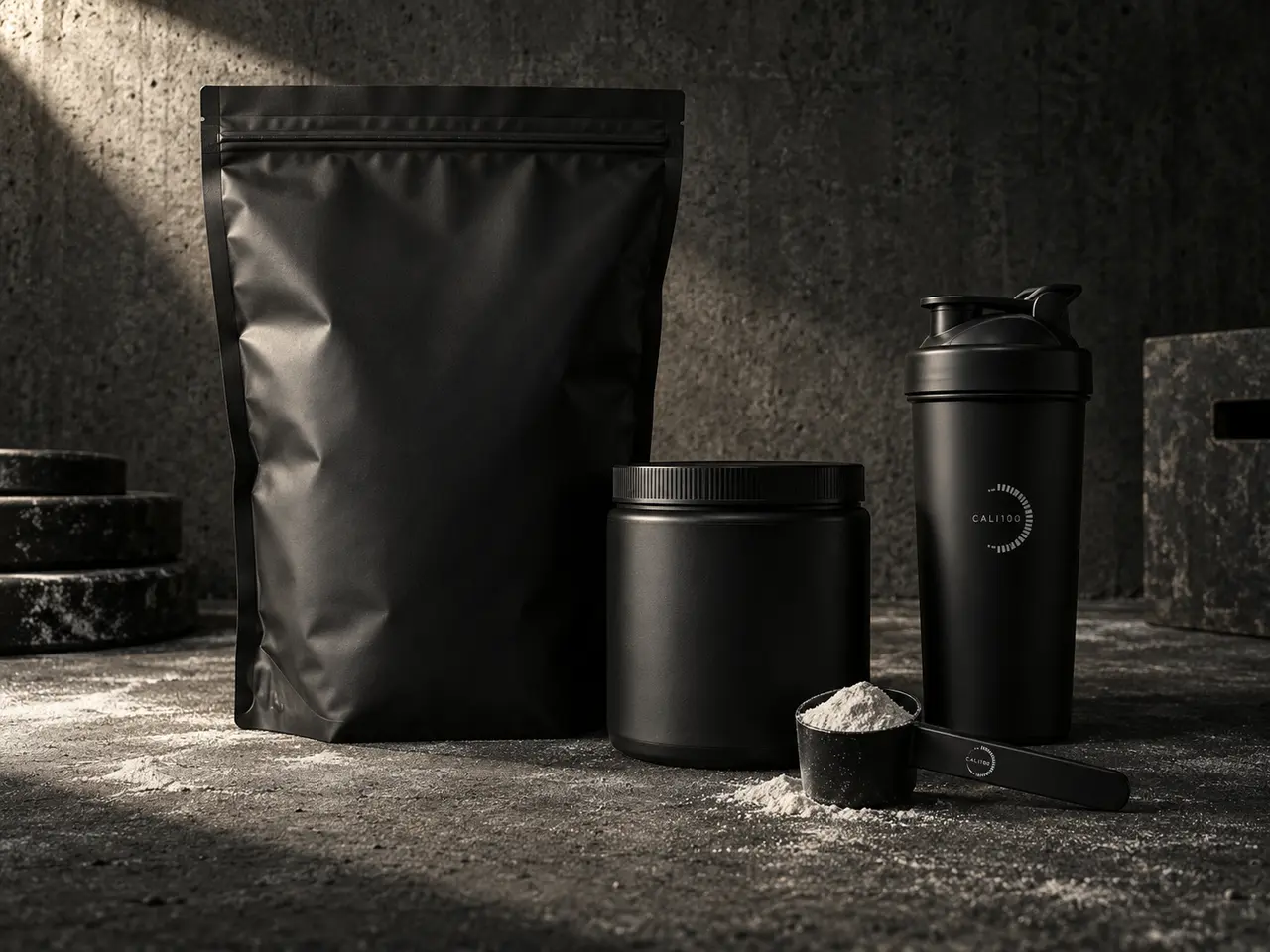 Matte black whey, creatine, scoop and shaker on concrete