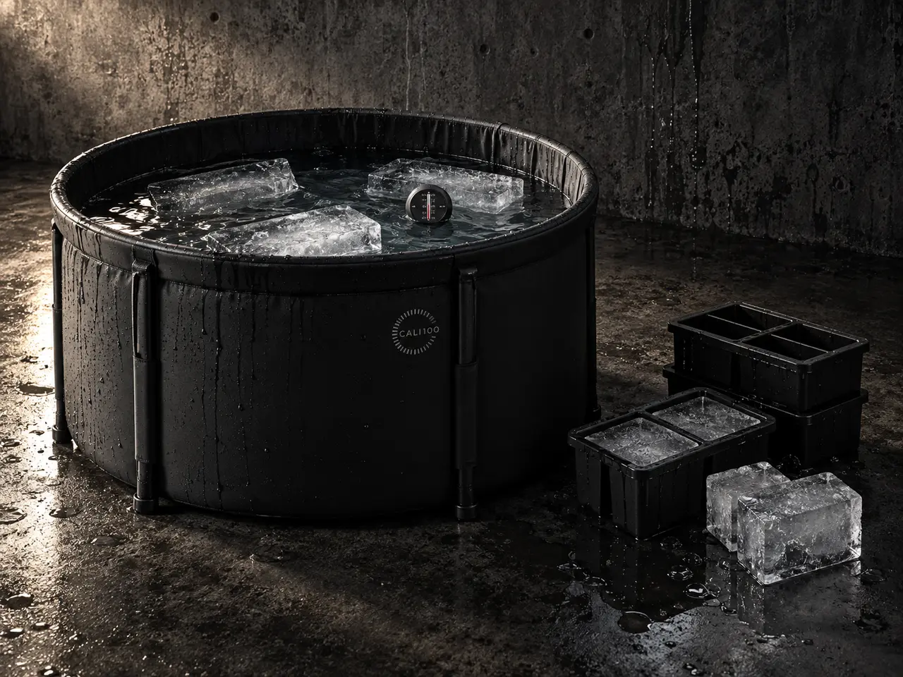 Black portable ice bath, thermometer and ice moulds on concrete