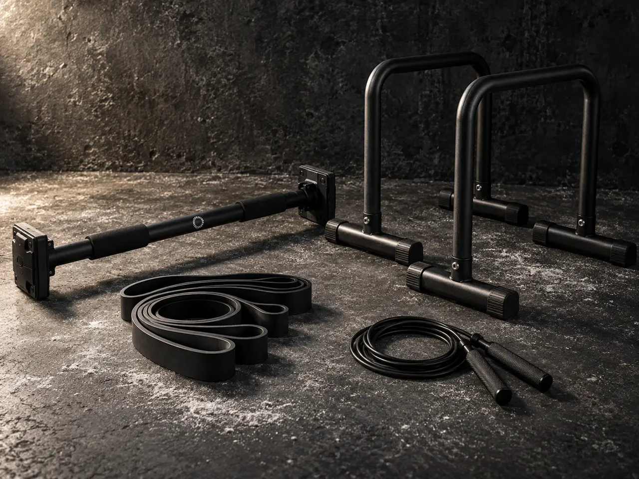 Black pull-up bar, dip bars, resistance bands and skipping rope on concrete