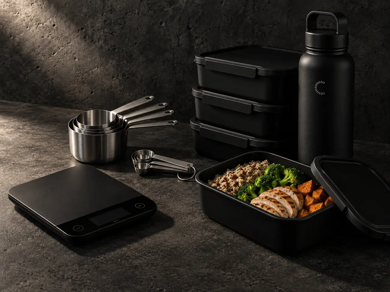 Black meal preparation equipment and food scale on concrete