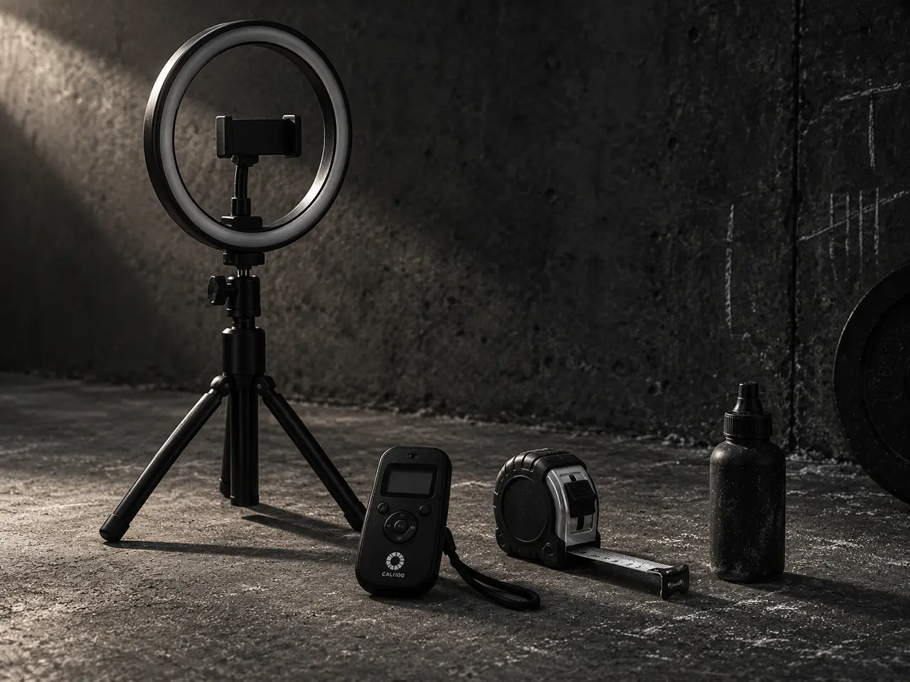 Ring light, timer, tape measure and liquid chalk on concrete