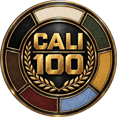 Cali100 logo: seven rank colours around a gold laurel